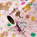 WRAPAHOLIC Kids Birthday Wrapping Paper Roll - Mini Roll - 17 Inch x 16.5 Feet - Pink Animal Party Happy Birthday Wrapping Paper with Metallic Foil for Kids Girls Party, Baby Shower