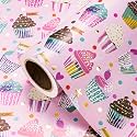 WRAPAHOLIC Pink Birthday Wrapping Paper Roll - Mini Roll - 17 Inch x 16.5 Feet - Colorful Cupcake Pink Wrapping Paper with Metallic Foil for Kids Girls, Baby Shower, Cake Smash