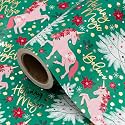 WRAPAHOLIC Unicorn Christmas Wrapping Paper - Mini Roll - 17 Inch x 16.5 Feet - Foil White Christmas Tree and Magical Pink Unicorn Wrapping Paper for Xmas Holiday, Kids Present, Winter Season