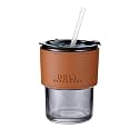 WRINGO 350 ML Glass Tumbler Mug with Lid, Glass Straw and Protective Anti-Skid Leather Sleeve for Hot and Cold Beverages Tea Coffee Smoothies Fruit Juice Travel Mug, (Set of 1) (WR-14)