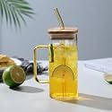 WRINGO 350 ML Square Mason Jars with Handal and Airtight Bamboo Lid, Straw and Reusable Sipper Mug Hot and Cold Beverages Tea Coffee Smoothies Fruit Juice(Set of 1) (WR-11)