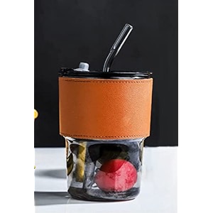 wringo 435ml glasses cup with 1 pc leather sleeve and strawglass tumbler with straw and lid sipper glass coffee mugs for direct drinking mouth dual use summer travel essential bottle black mug