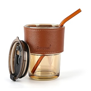 wringo 350ml glass tumbler mug with lid glass straw and protective anti-skid leather sleeve for hot and cold beverages travel mug brown mug set of 1 wr-15