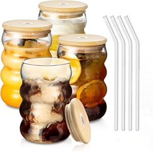 wringo 500ml round line design glass mason jars with lids for fruit juice milk beer soda with reusable travel tumbler sipper mug with airtight lid - green tea and coffee cup glass with straw wr-04