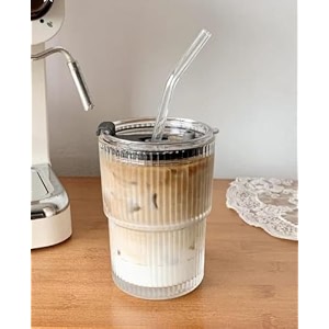 wringo 350ml round glass water tumbler mason jars with lids for fruit juice milk beer soda with reusable travel tumbler sipper mug with airtight lid - green tea and coffee cup glass with straw wr-01