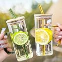 WRINGO 350ML Random Square Mason Jars with Wooden Lid for Fruit Juice Milk Beer Soda with Reusable Travel Tumbler Sipper Mug with Airtight Lid - Green Tea and Coffee Cup Glass with Straw (WR-12)