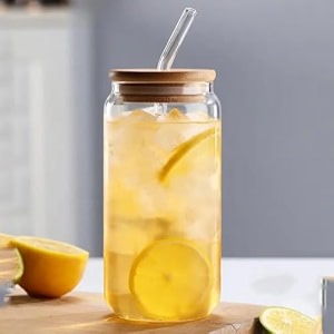 wringo 450 mlglass sipper with bamboo lid amp glass strawborosilicate square glass tumbler cup for iced coffee smoothie juice mocktail amp cocktail set of 1 wr-08
