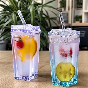 wringo 450ml random printed star mason jars with lids for fruit juice milk beer soda with reusable travel tumbler sipper mug with airtight lid - green tea and coffee cup glass with straw wr-10