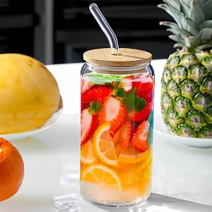 wringo 550ml glass mason jars with wooden lids for fruit juice milk beer soda with reusable travel tumbler sipper mug with airtight lid - green tea and coffee cup glass with straw set of 1 wr-11