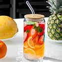 WRINGO 550ML Glass Mason Jars with Wooden Lids for Fruit Juice Milk Beer Soda with Reusable Travel Tumbler Sipper Mug with Airtight Lid - Green Tea and Coffee Cup Glass with Straw (Set of 1, WR-11)