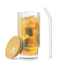 WRINGO 350ML Stair Line Glass Mason Jars with Wooden Lids for Fruit Juice Milk Beer Soda with Reusable Travel Tumbler Sipper Mug with Airtight Lid - Green Tea and Coffee Cup Glass with Straw (WR-09)