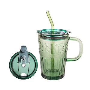 wringo glass mug for reusable sipper bottle with 500ml green glass coffee mug with glass straw and leakproof lid tumbler for coffeetea milk beverages green mug set of 1