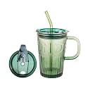 WRINGO Glass Mug for Reusable Sipper Bottle with 500ML Green Glass Coffee Mug with Glass Straw and Leakproof Lid Tumbler for Coffee,Tea, Milk Beverages (Green Mug Set of 1)