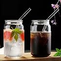 WRINGO Mason Jars 2 pc with Glass Straws and Lids, 385ml Drinking Glass Cups, Reusable Travel Tumbler for Juice, Iced Tea, Smoothie, Beer,Cold Coffee (Squer Jar Set of 1)
