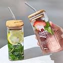 WRINGO Random Printed Squre Glass Mason Water Drinking Glass Sipper Tumbler Cup Mug for Hot Tea and Coffee Can Mug Bamboo with Lid and Glass Straw 350ML for Milk Glass Sipper Tumbler Cup (Set of 1)