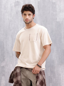 WROGN Embroidered Men Crew Neck Beige T-Shirt
