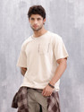 WROGN Embroidered Men Crew Neck Beige T-Shirt