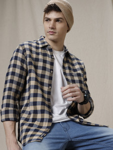 WROGN Men Checkered Casual Beige Dark Blue