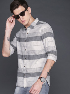 WROGN Men Striped Casual White Grey Shirt