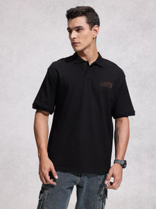 WROGN Printed Men Polo Neck Black T-Shirt