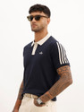 WROGN Striped Men Polo Neck Navy Blue