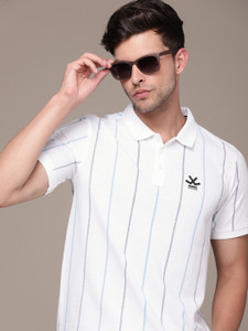 WROGN Striped Men Polo Neck White T-Shirt