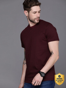 WROGN Striped Men Round Neck Maroon T-Shirt