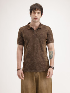 WROGN Washed Men Polo Neck Brown T-Shirt