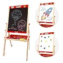 Wudly 3in1 Wooden Easel Board for Kids - Double Sided Magnetic Whiteboard and Blackboard with Chalk Duster Marker Adjustable Height Drawing & Writing Board Learning Writing Board for 3+ Years