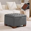 WUTUTUEE 24" Fabric Square Storage Ottoman with Wooden Tray, Modern Tufted Button Footstool Coffee Table, Upholstered Small Ottoman for Living Room, Bedroom, Dark Gray