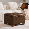 WUTUTUEE 24" Faux Leather Square Storage Ottoman with Wooden Tray, Modern Tufted Button Footstool Coffee Table, Upholstered Small Ottoman for Living Room, Bedroom, Coffee