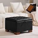 WUTUTUEE 24" Faux Leather Square Storage Ottoman with Wooden Tray, Modern Tufted Button Footstool Coffee Table, Upholstered Small Ottoman for Living Room, Bedroom, Black