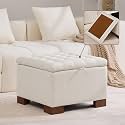 WUTUTUEE 24" Square Fabric Storage Ottoman with Wooden Tray Top, Modern Tufted Button Upholstered Footstool Coffee Table, Multifunctional Small Storage Ottoman for Living Room Bedroom, Beige