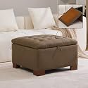 WUTUTUEE 30" Fabric Square Storage Ottoman with Wooden Tray, Modern Tufted Button Footstool Coffee Table, Upholstered Large Ottoman for Living Room, Bedroom, Brown
