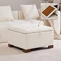 WUTUTUEE 30" Fabric Square Storage Ottoman with Wooden Tray, Modern Tufted Button Footstool Coffee Table, Upholstered Large Ottoman for Living Room, Bedroom, Beige