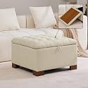 WUTUTUEE 30" Fabric Square Storage Ottoman with Wooden Tray, Modern Tufted Button Footstool Coffee Table, Upholstered Large Ottoman for Living Room, Bedroom, Khaki