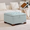 WUTUTUEE 30" Fabric Square Storage Ottoman with Wooden Tray, Modern Tufted Button Footstool Coffee Table, Upholstered Large Ottoman for Living Room, Bedroom, Blue