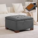 WUTUTUEE 30" Fabric Square Storage Ottoman with Wooden Tray, Modern Tufted Button Footstool Coffee Table, Upholstered Large Ottoman for Living Room, Bedroom, Dark Gray
