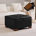 WUTUTUEE 30" Faux Leather Square Storage Ottoman with Wooden Tray, Modern Tufted Button Footstool Coffee Table, Upholstered Large Ottoman for Living Room, Bedroom, Black