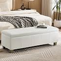 WUTUTUEE 51" Faux Leather Storage Ottoman, Stitch Tufted Rectangle Upholstered End of Bed Storage Bench, Entryway Large Couch Ottoman with Wooden Legs, White