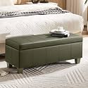 WUTUTUEE 41" Faux Leather Storage Ottoman, Stitch Tufted Rectangle Upholstered End of Bed Storage Bench, Entryway Large Couch Ottoman with Wooden Legs, Green