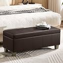 WUTUTUEE 41" Faux Leather Storage Ottoman, Stitch Tufted Rectangle Upholstered End of Bed Storage Bench, Entryway Large Couch Ottoman with Wooden Legs, Brown
