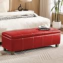WUTUTUEE 51" Faux Leather Storage Ottoman, Stitch Tufted Rectangle Upholstered End of Bed Storage Bench, Entryway Large Couch Ottoman with Wooden Legs, Red