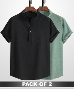 wuxi men relaxed fit solid mandarin collar casual shirt pack of 2