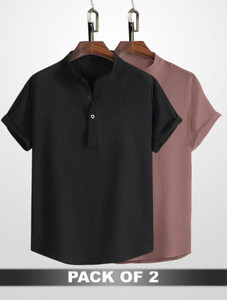 wuxi men relaxed fit solid mandarin collar casual shirt pack of 2