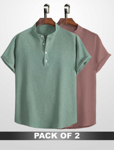 wuxi men relaxed fit solid mandarin collar casual shirt pack of 2