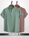 WUXI Men Solid Casual Pink, Light Green Shirt