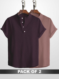 wuxi men relaxed fit solid mandarin collar casual shirt pack of 2