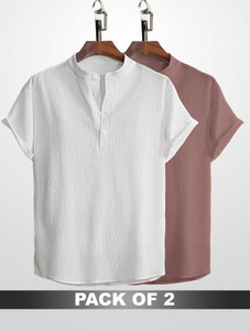 wuxi men relaxed fit solid mandarin collar casual shirt pack of 2