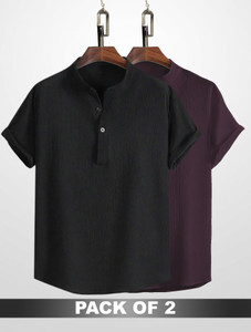wuxi men relaxed fit solid mandarin collar casual shirt pack of 2